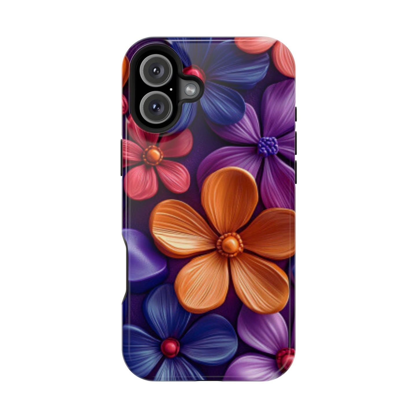 Bold Floral 3D MagSafe iPhone Case – Vivid Purple and Orange Flower Design, Shock-Resistant