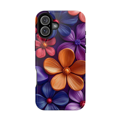 Bold Floral 3D MagSafe iPhone Case – Vivid Purple and Orange Flower Design, Shock-Resistant