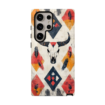 Western Bull Skull & Feathers Tough Samsung Galaxy Case – Bold Tribal Design, Dual - Layer Protection - BOGO Cases