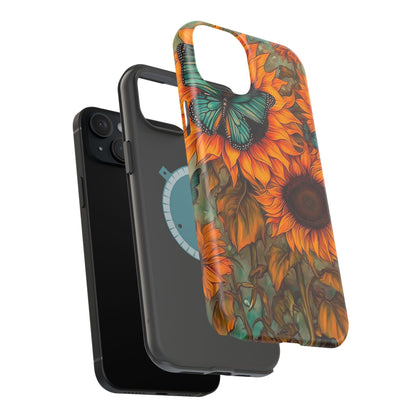 Vintage Blue Butterfly & Sunflower Art – MagSafe iPhone Case