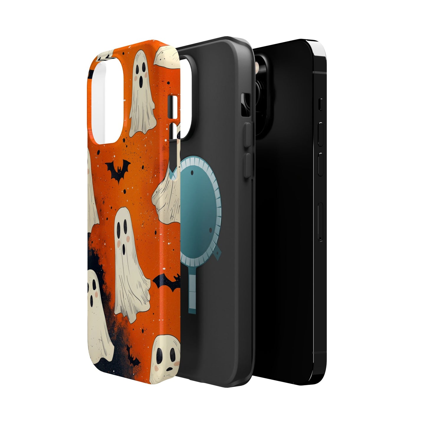 Spooky Ghosts & Bats  MagSafe iPhone Case – Vibrant Orange Halloween Design