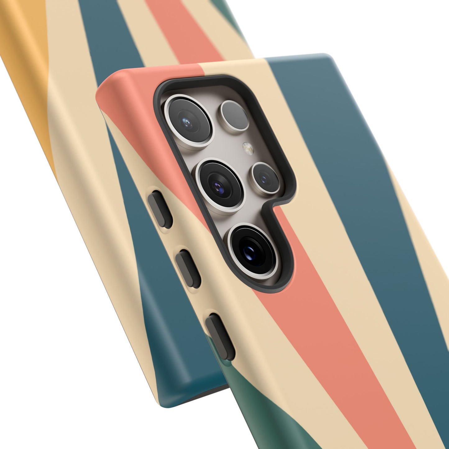 Retro Sunbeam Samsung Galaxy Case – 70s-Inspired Radiating Stripes in Coral, Teal, and Mustard