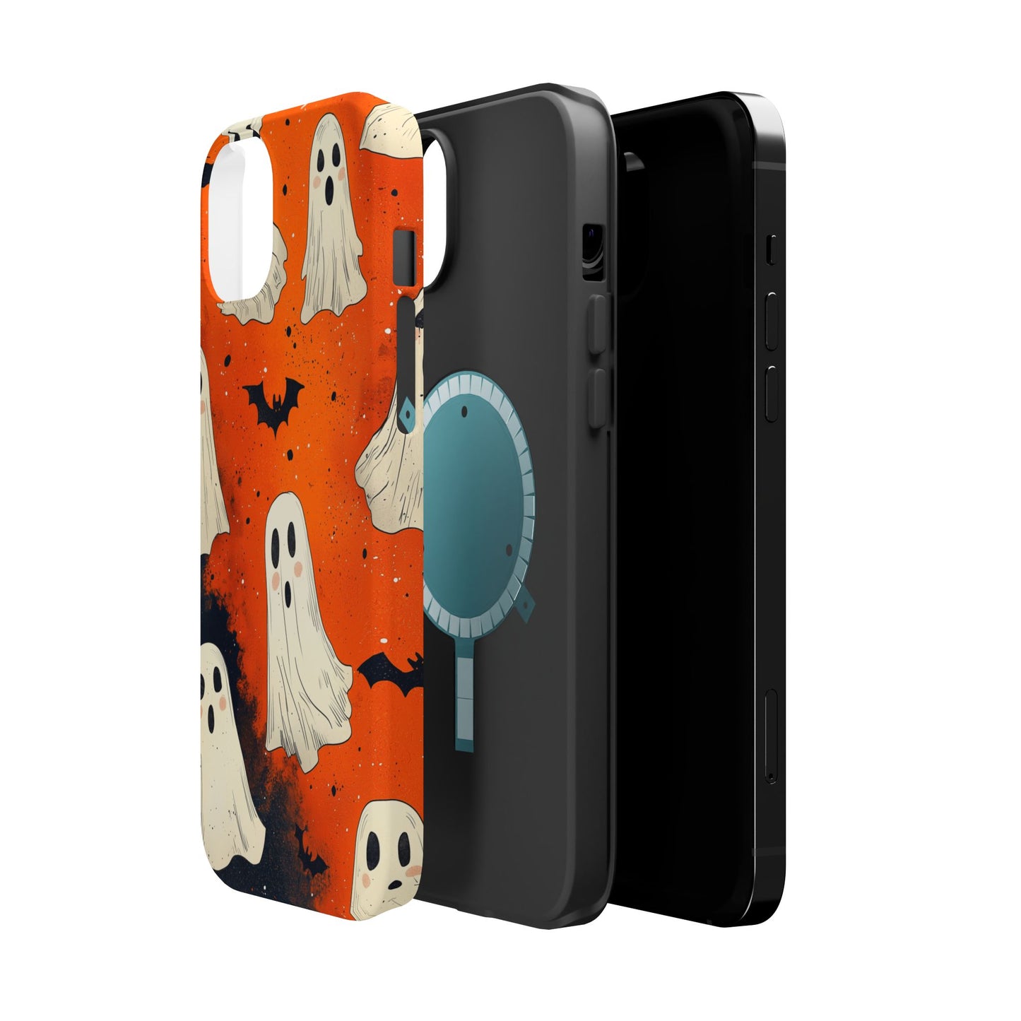 Spooky Ghosts & Bats  MagSafe iPhone Case – Vibrant Orange Halloween Design