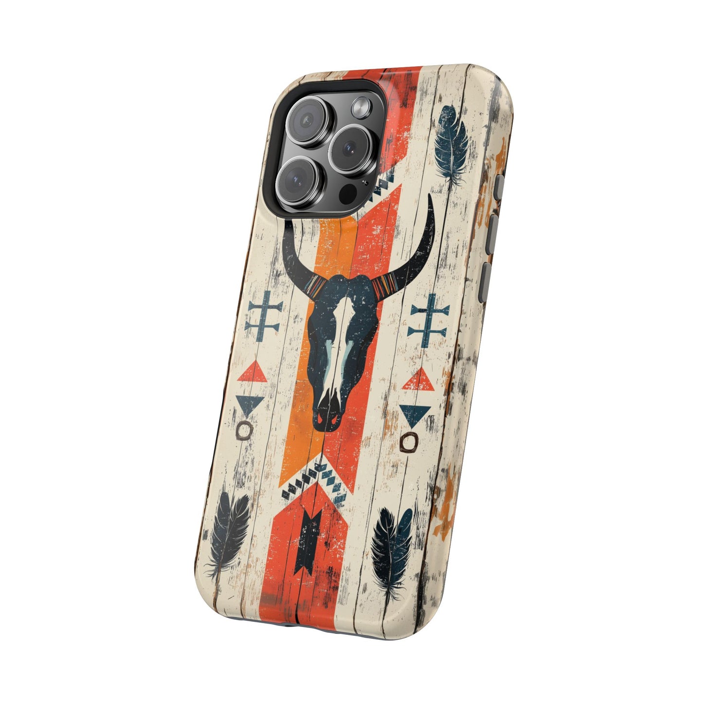 Rustic Western Bull Skull Tough MagSafe iPhone Case – Distressed Wood Design, Dual-Layer Protection