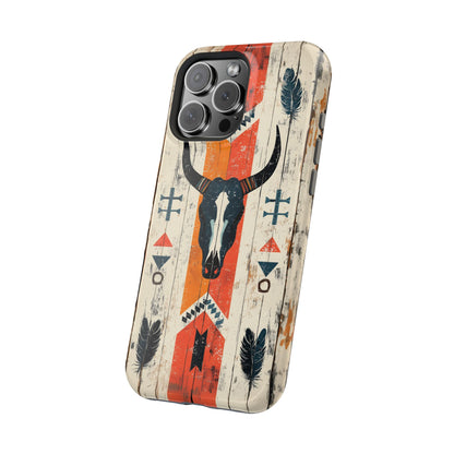 Rustic Western Bull Skull Tough MagSafe iPhone Case – Distressed Wood Design, Dual-Layer Protection