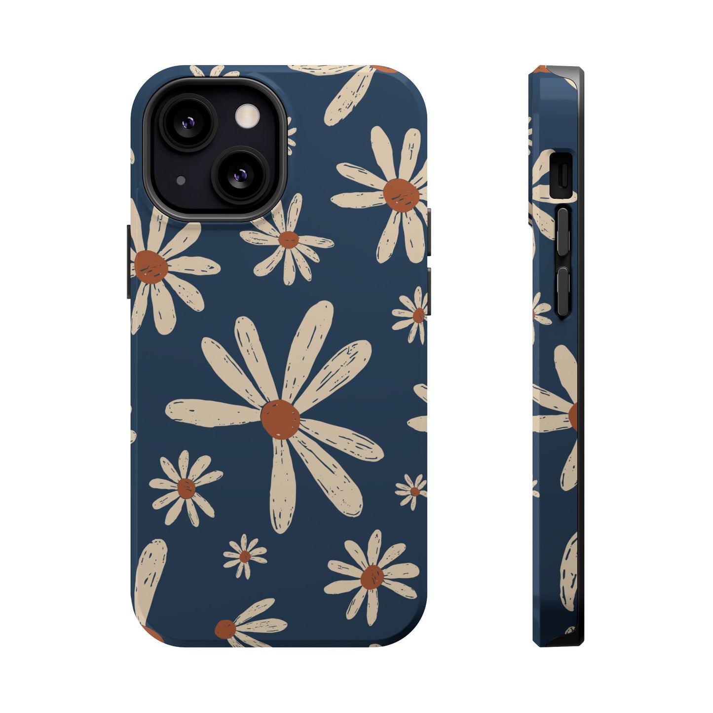 Vintage Daisies MagSafe iPhone Case – Navy Blue Floral Design, Scratch-Resistant with Shock-Absorbing Bumper