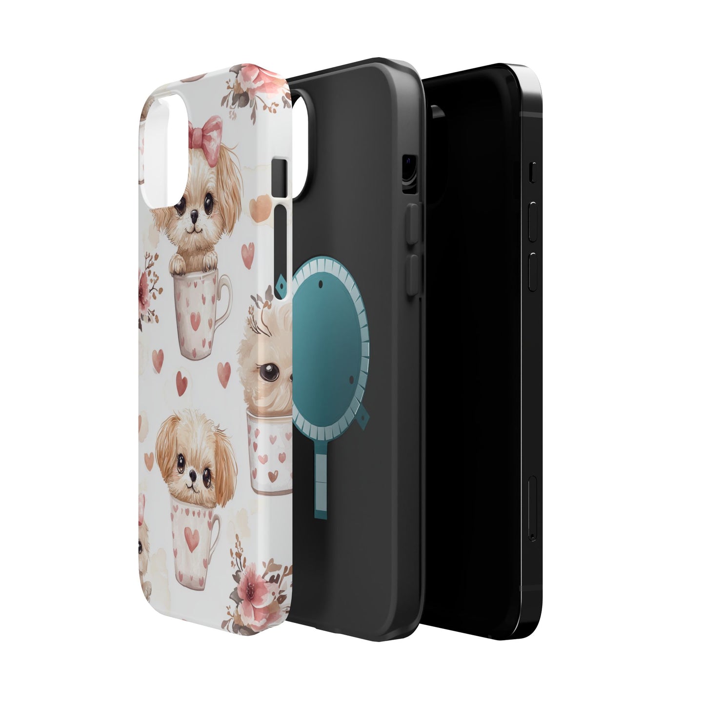 Cute Puppies in Heart MagSafe iPhone Case – Adorable Dog & Floral Design, Shockproof & Slim