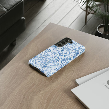 Dusty Blue Floral Line Art Tough Samsung Galaxy Case – Minimalist Botanical Design with Dual-Layer Protection