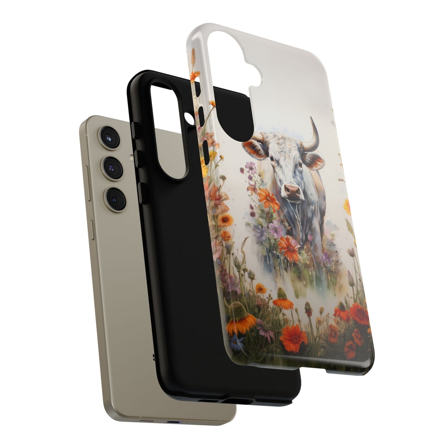 Floral Cow Phone Case - Rustic Western Watercolor Bull. For iPhone, Samsung Galaxy, and Google Pixel Phones. Cute Gift For Any Cow Lover. - BOGO Cases