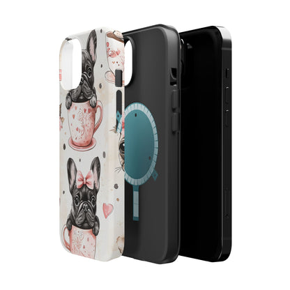 French Bulldogs in Teacups MagSafe iPhone Case – Cute Dog Design with Hearts & Bows, Shockproof & Slim