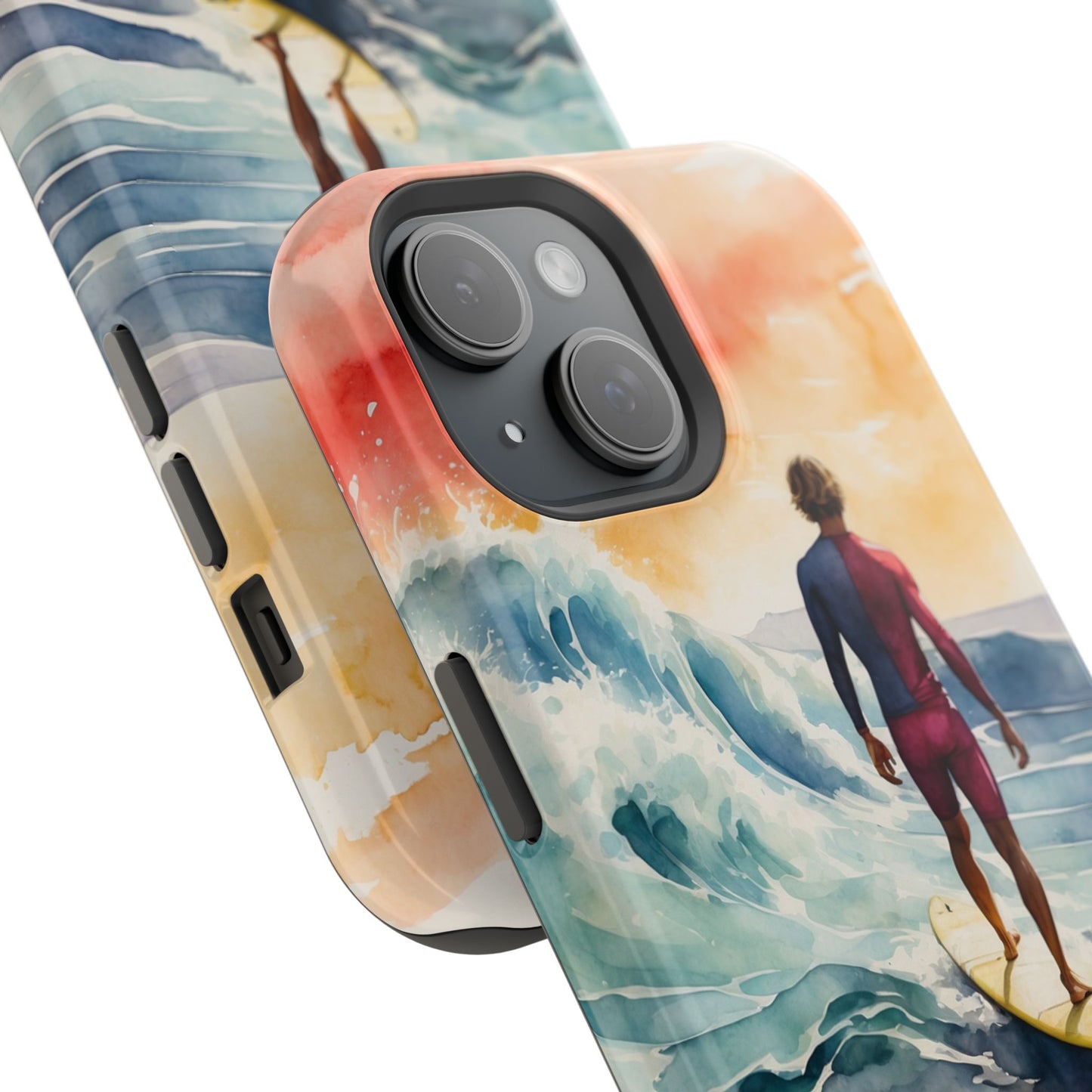 Surfer’s Sunset Wave MagSafe iPhone Case – Vibrant Watercolor Design