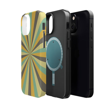 Vintage Sunburst Rays MagSafe iPhone Case – Bold 70s-Inspired Burst in Yellow, Mint, and Gray