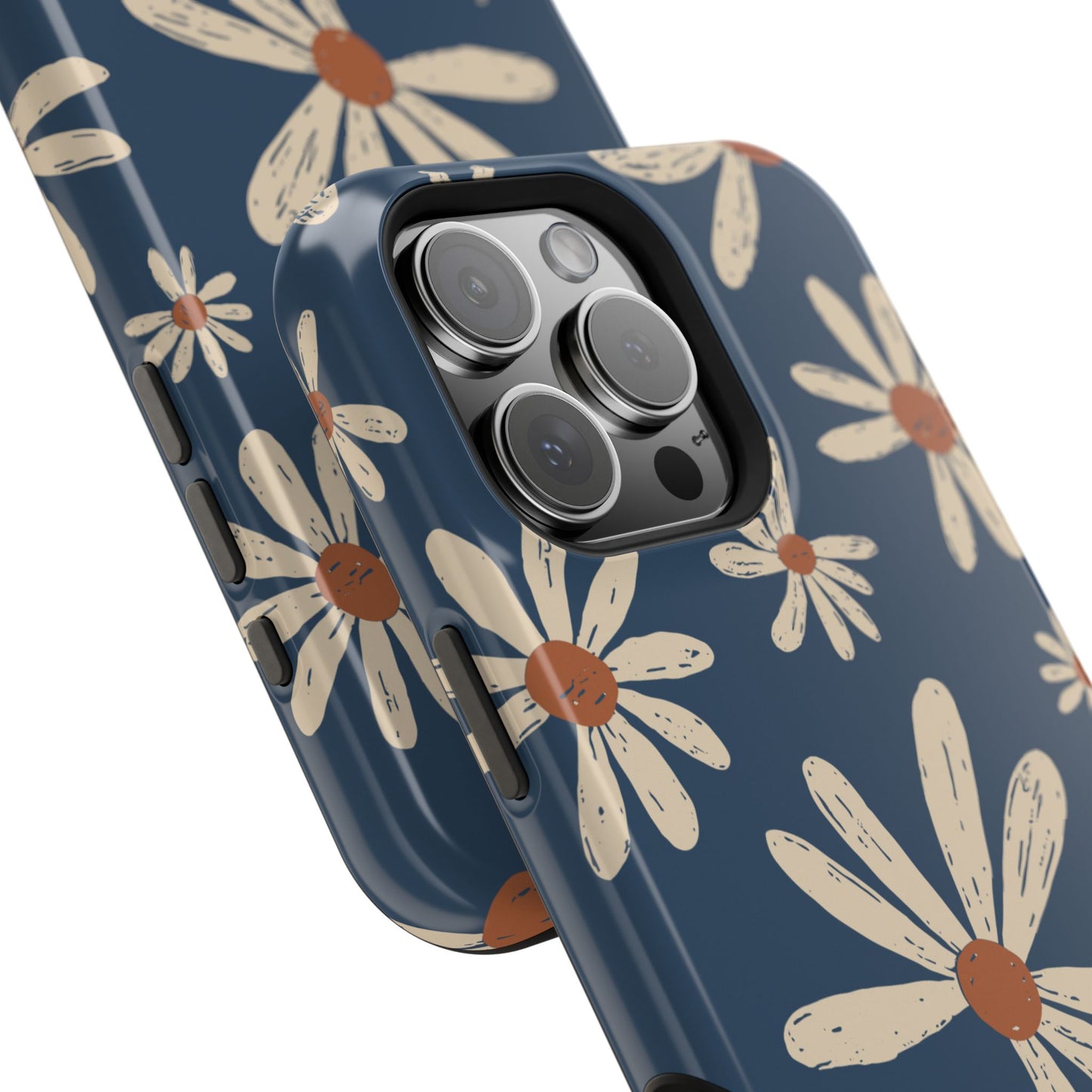 Vintage Daisies MagSafe iPhone Case – Navy Blue Floral Design, Scratch-Resistant with Shock-Absorbing Bumper