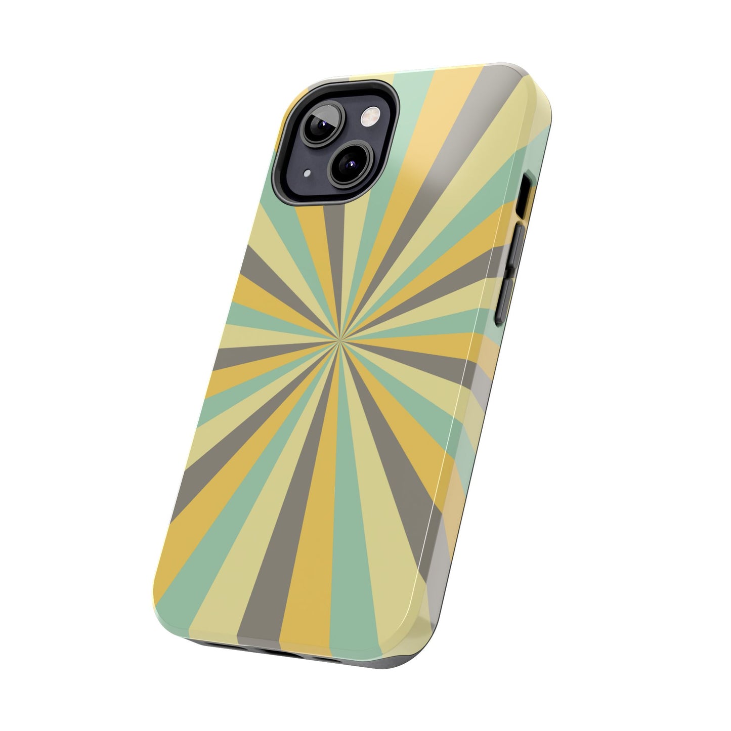 Vintage Sunburst Rays iPhone Case – Bold 70s-Inspired Burst in Yellow, Mint, and Gray