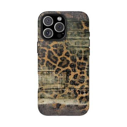 Rustic Wood and Leopard Print Tough iPhone Case – Distressed Western Design with Dual-Layer Protection