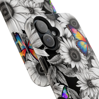 Rainbow Butterflies & Monochrome Sunflowers – MagSafe iPhone Case