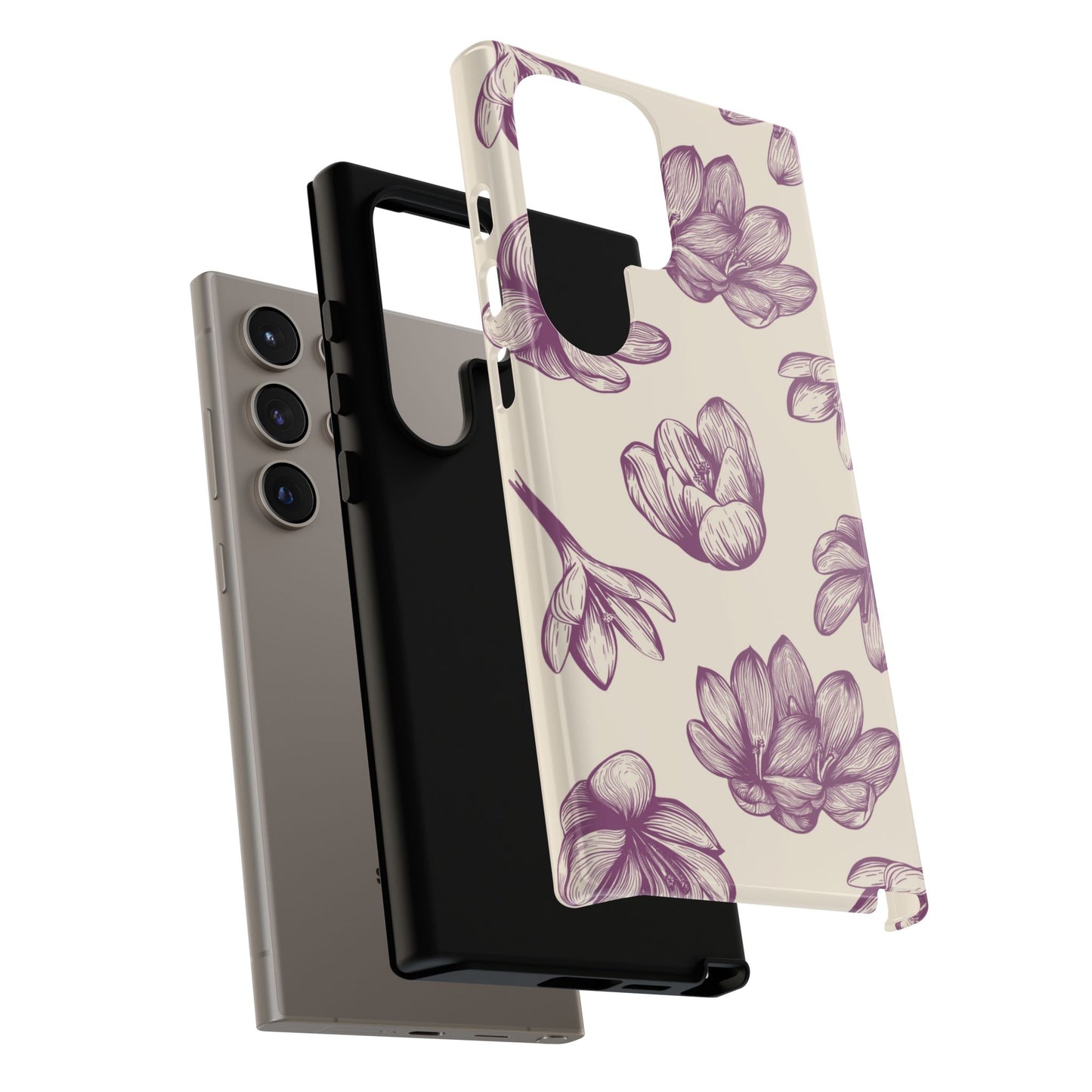 Vintage Botanical Floral Tough Samsung Galaxy Case – Hand - Drawn Purple Flowers, Shockproof Design - BOGO Cases