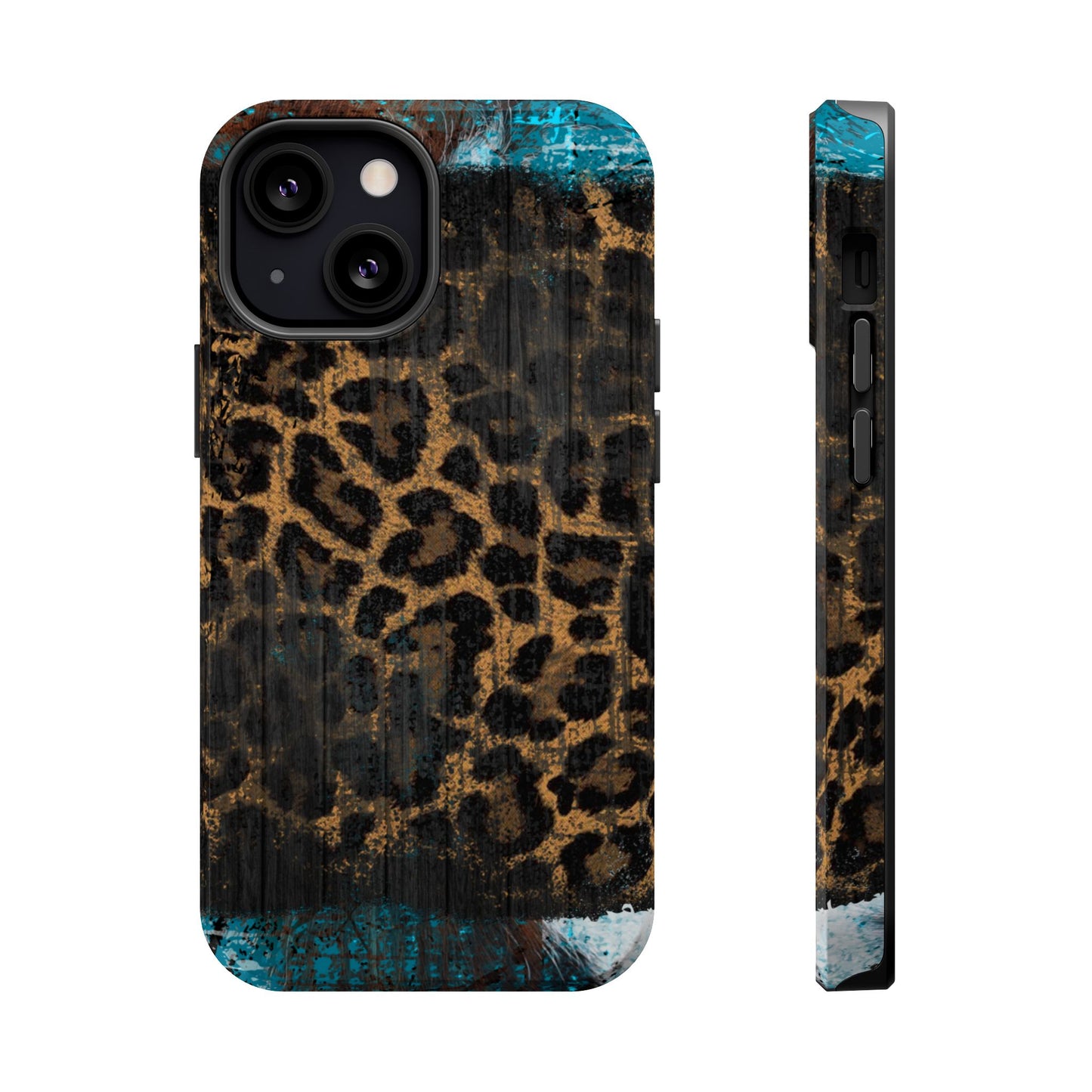 Boho Leopard and Turquoise Tough MagSafe iPhone Case – Rustic Western Design with Dual-Layer Protection