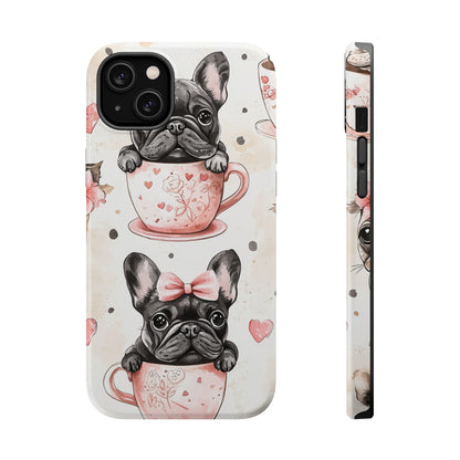 French Bulldogs in Teacups MagSafe iPhone Case – Cute Dog Design with Hearts & Bows, Shockproof & Slim