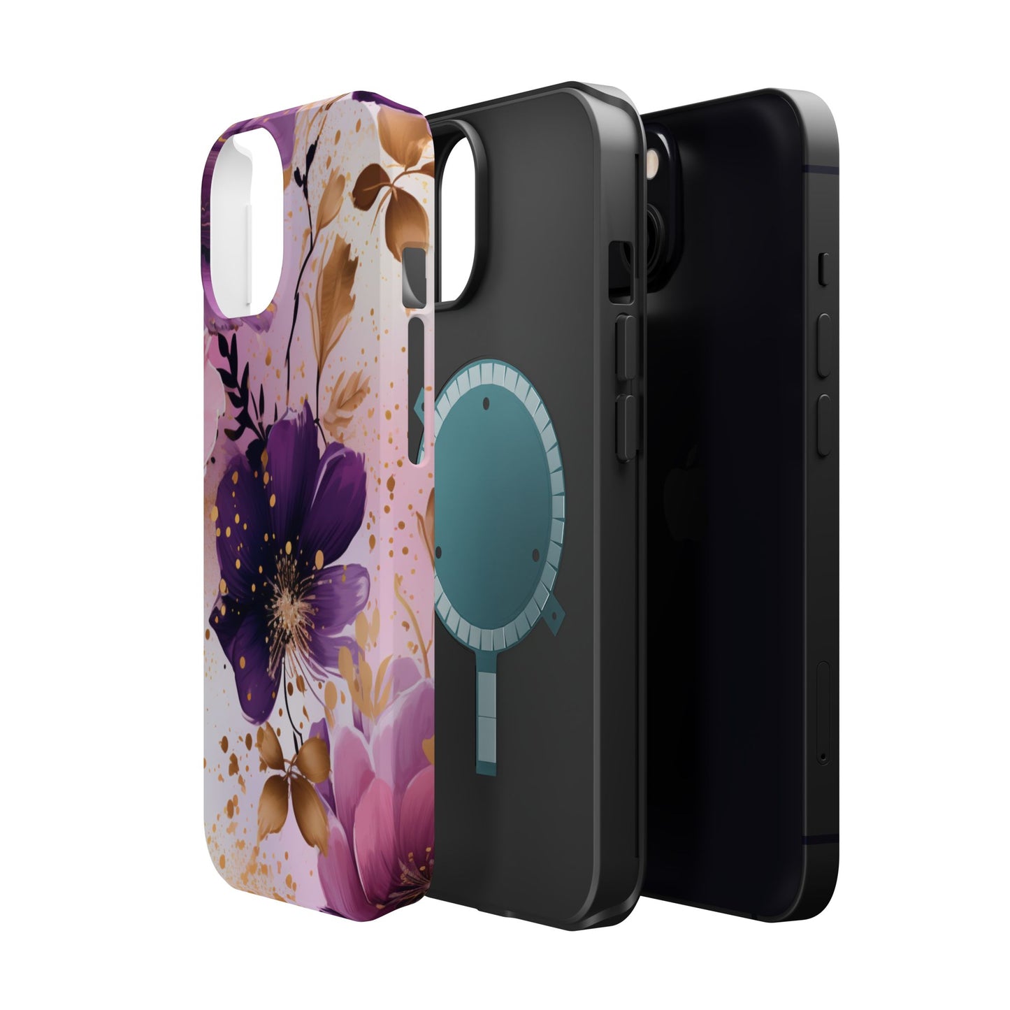 Elegant Purple & Gold Floral MagSafe iPhone Case - Luxe Flower Design