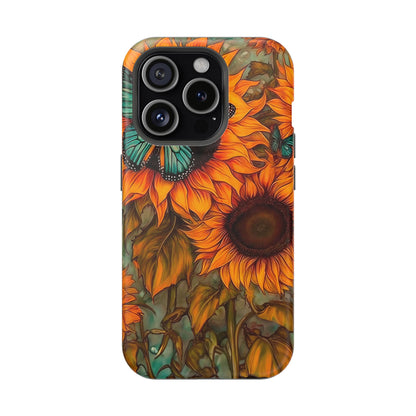 Vintage Blue Butterfly & Sunflower Art – MagSafe iPhone Case