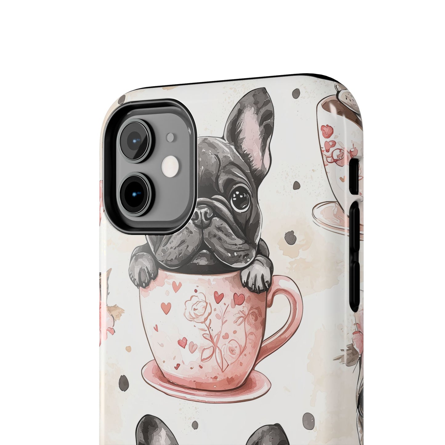 French Bulldogs in Teacups iPhone Case – Cute Dog Design with Hearts & Bows, Shockproof & Slim - BOGO Cases