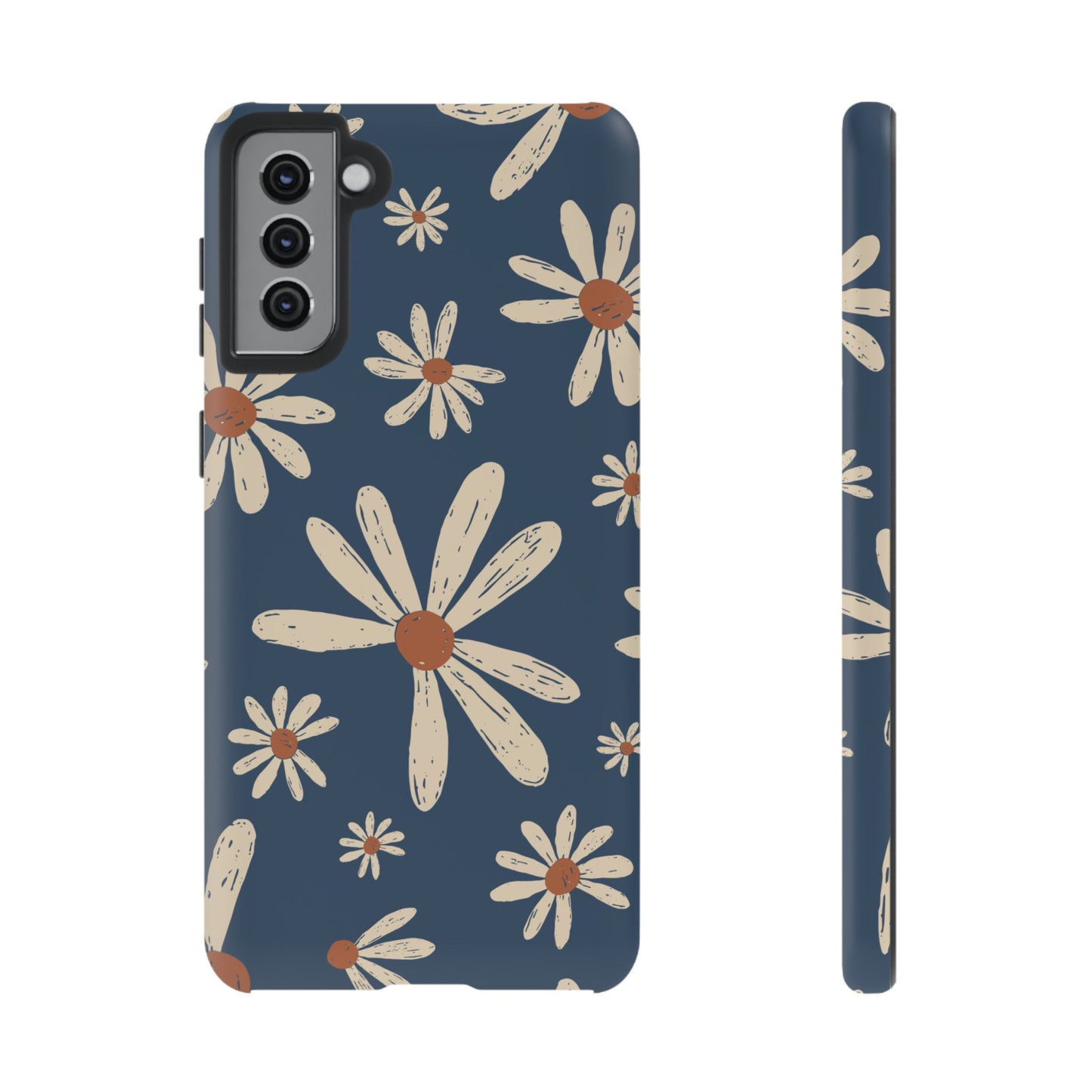 Vintage Daisies Samsung Galaxy Case – Navy Blue Floral Design, Scratch-Resistant with Shock-Absorbing Bumper
