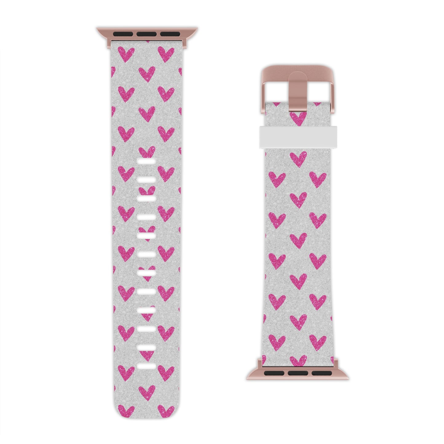 Pink Hearts on Glitter Silver Apple Watch Band