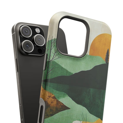 Retro Mountain Sunrise MagSafe iPhone Case – Minimalist Landscape Design, Dual-Layer Protection