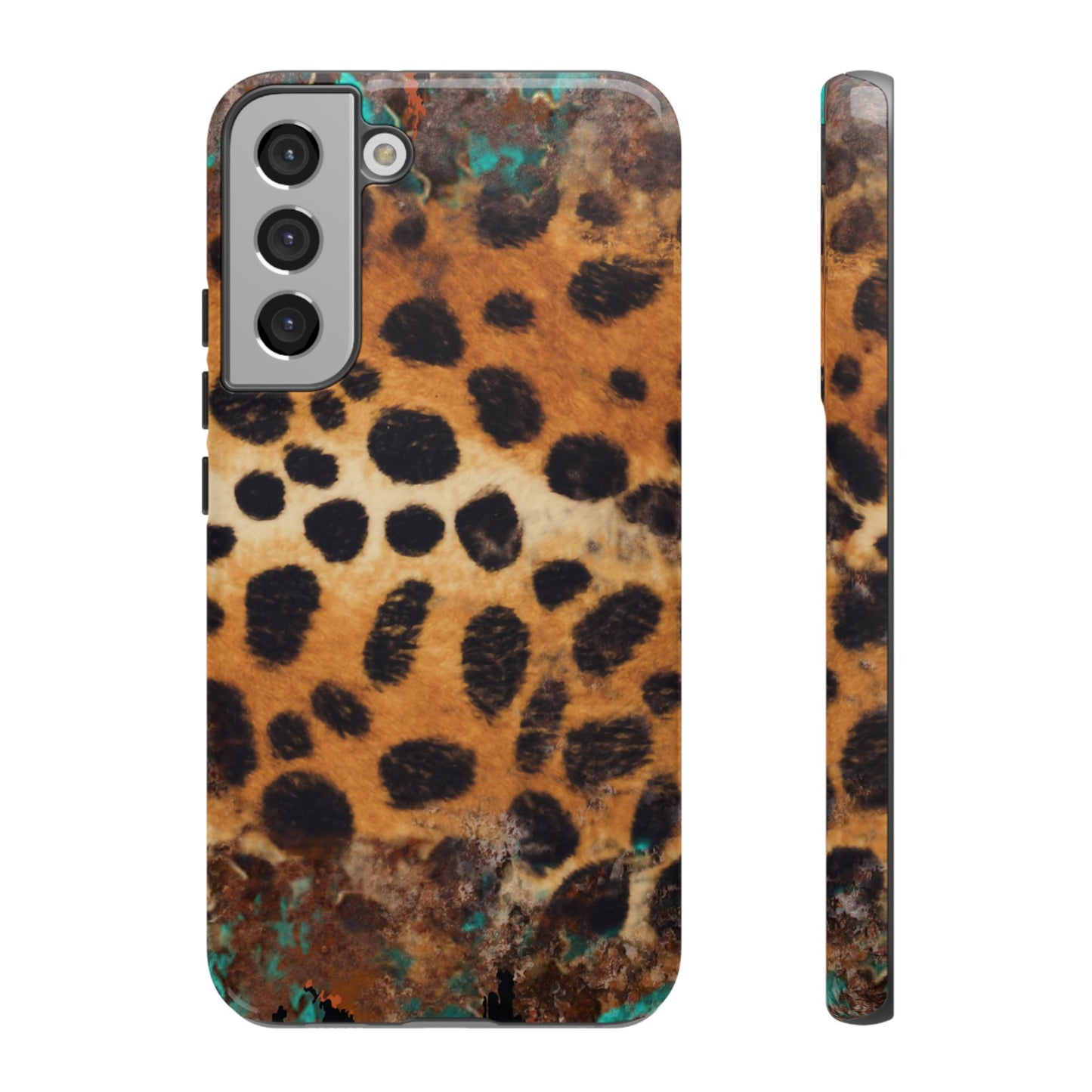 Rustic Leopard Print Tough Samsung Galaxy Case – Distressed Turquoise and Animal Pattern with Dual-Layer Protection