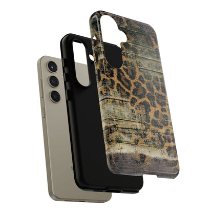 Rustic Wood and Leopard Print Tough Samsung Galaxy Case – Distressed Western Design with Dual-Layer Protection