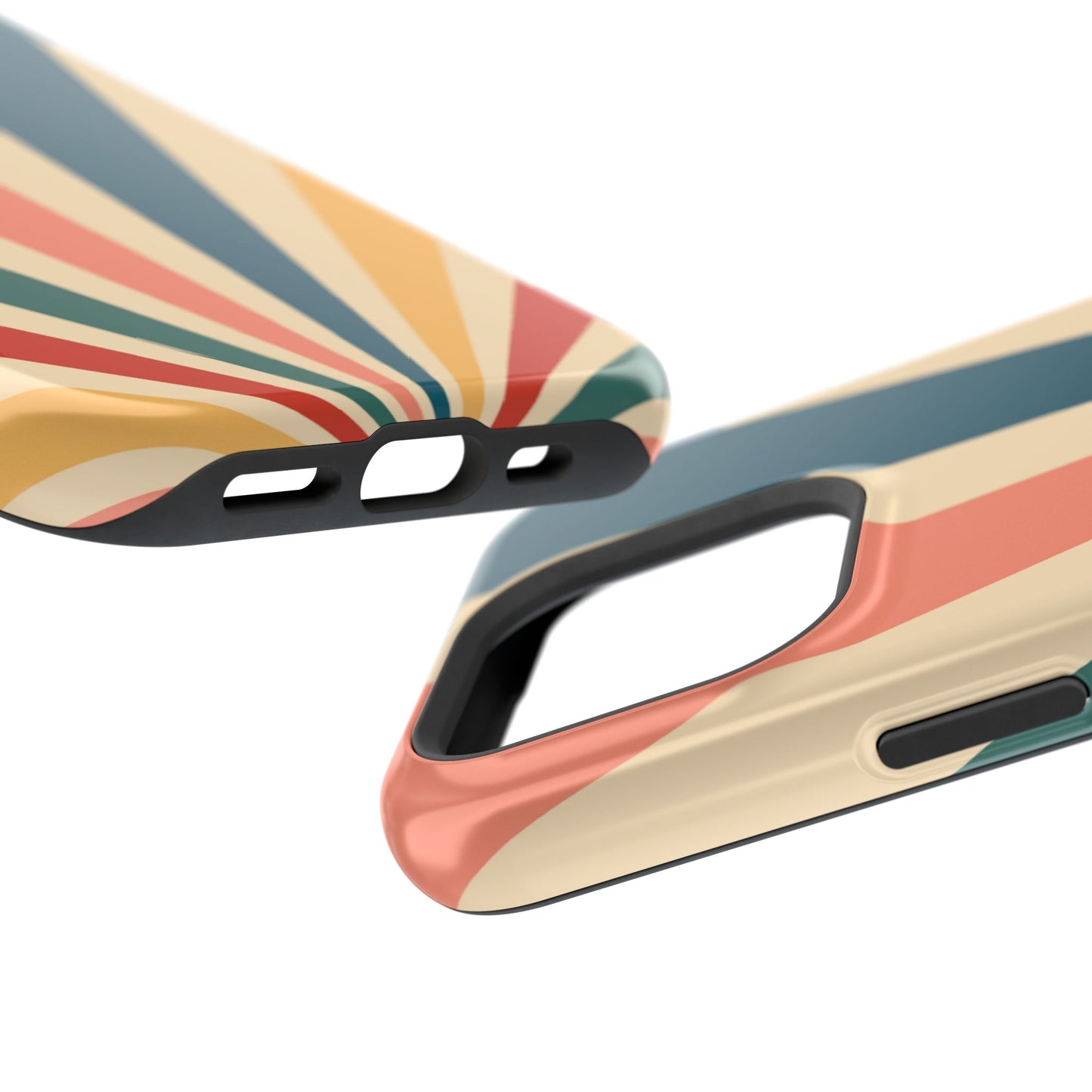 Retro Sunbeam MagSafe iPhone Case – 70s-Inspired Radiating Stripes in Coral, Teal, and Mustard