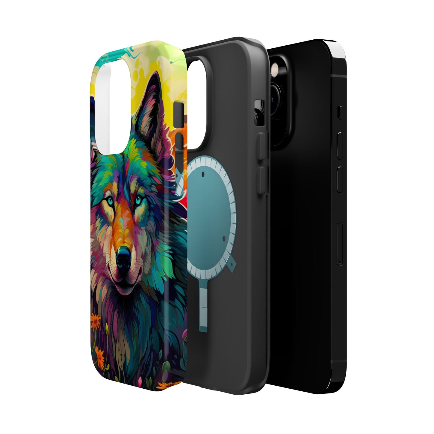 Rainbow Wolf in Bloom – MagSafe iPhone Case with Nature-Inspired Design