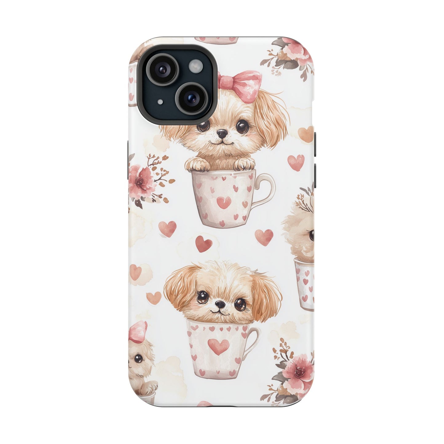 Cute Puppies in Heart MagSafe iPhone Case – Adorable Dog & Floral Design, Shockproof & Slim