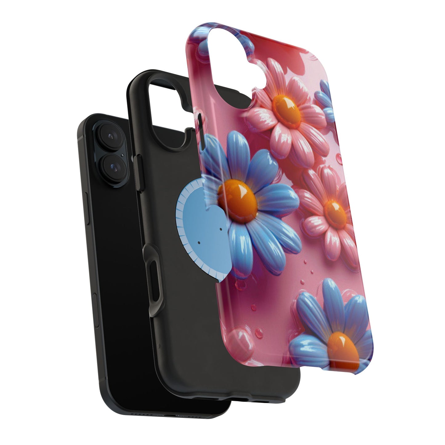 Pastel Daisy 3D MagSafe iPhone Case – Glossy Pink and Blue Floral Design, Full Protection