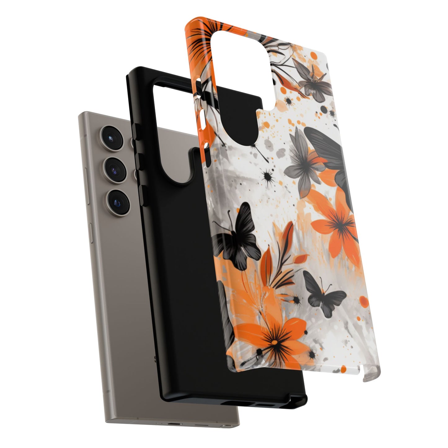 Orange Blossom & Black Butterfly Samsung Galaxy Case – Bold Floral Pattern with Modern Abstract Style