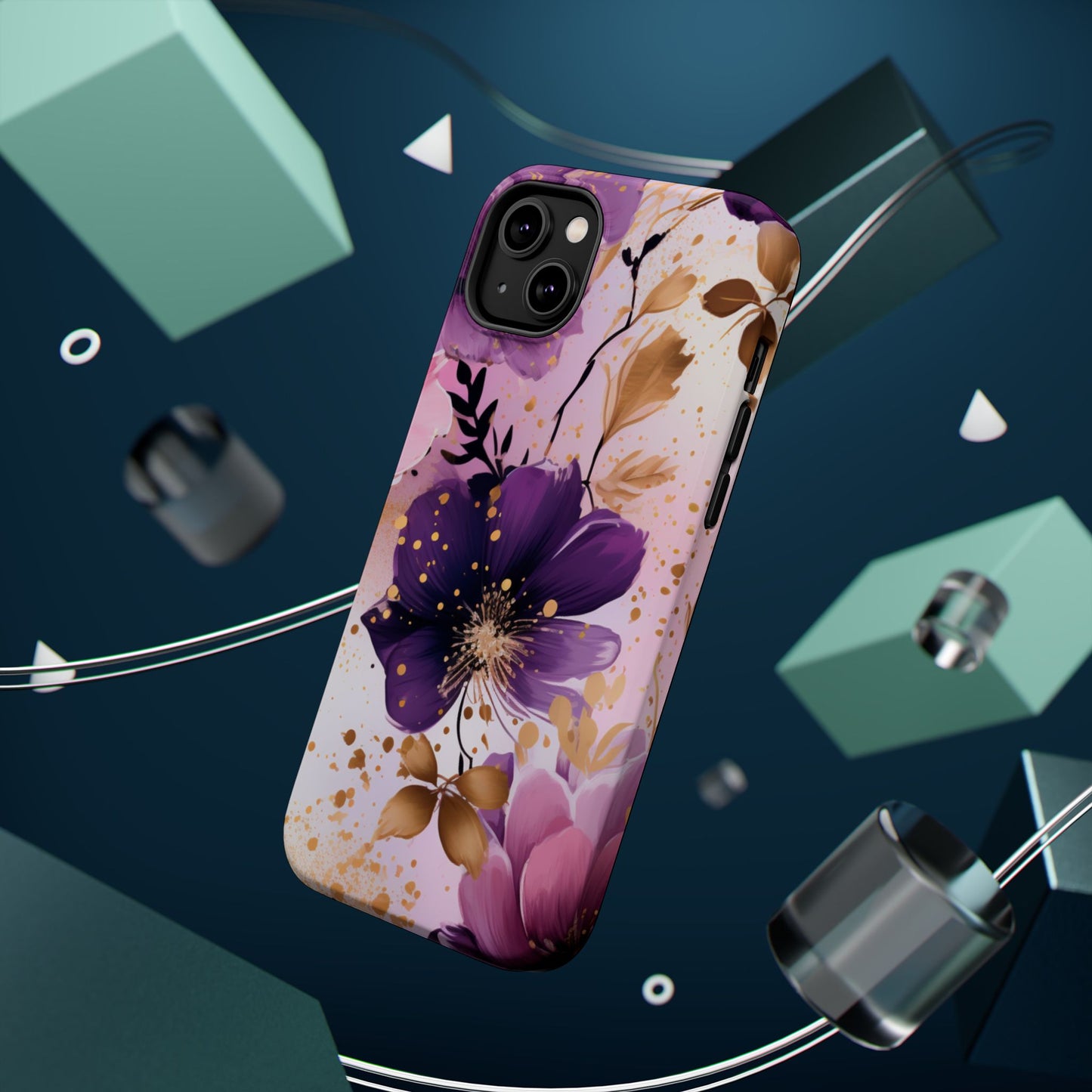 Elegant Purple & Gold Floral MagSafe iPhone Case - Luxe Flower Design