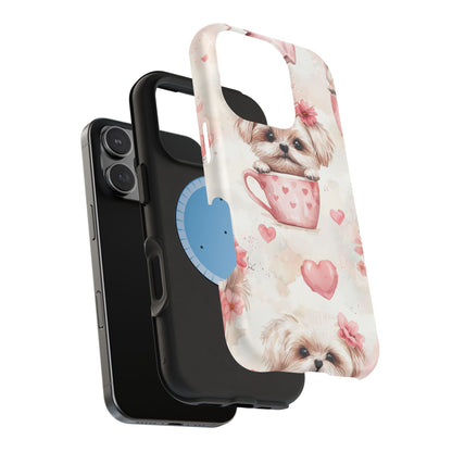 Floral Puppy in Teacup MagSafe iPhone Case – Cute Pink Flower Design, Tough Dual-Layer Protection