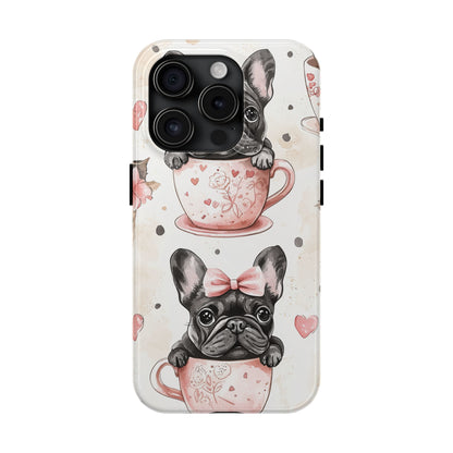 French Bulldogs in Teacups iPhone Case – Cute Dog Design with Hearts & Bows, Shockproof & Slim - BOGO Cases