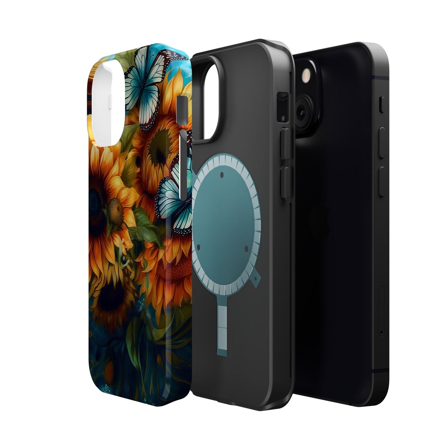 Aqua Blue Butterfly & Sunflower Art – MagSafe iPhone Case