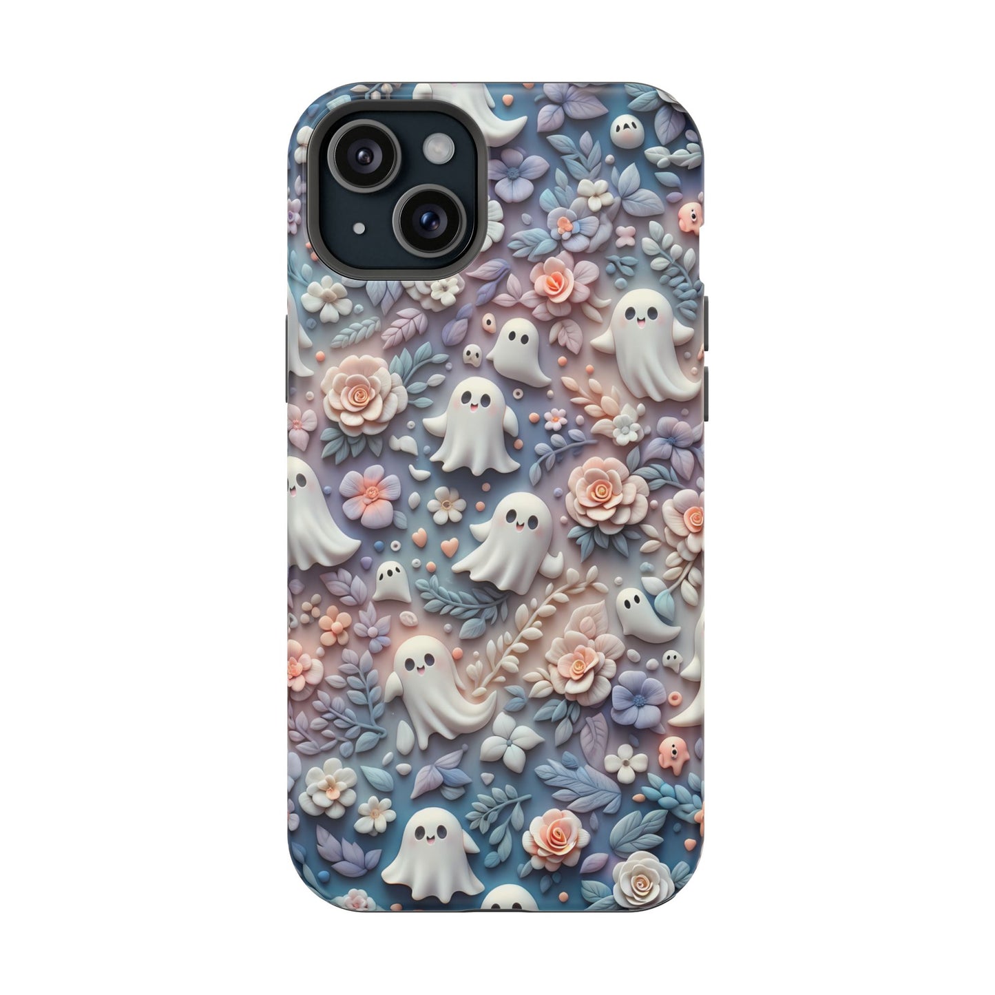 Cute MagSafe Ghosts Flowers Phone Case | Ethereal Clay Style | Autumn and Halloween Aesthetic | Tough Dual Layer Protection