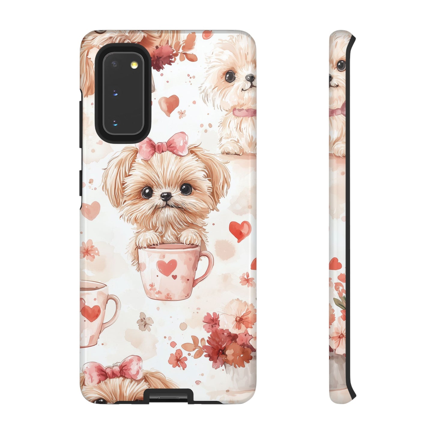 Puppies & Heart Mugs Samsung Galaxy Case – Sweet Dog & Floral Design, Shockproof & Slim