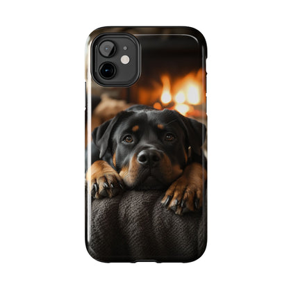 Cozy Rottweiler by the Fireplace iPhone Case – Warm Rustic Design