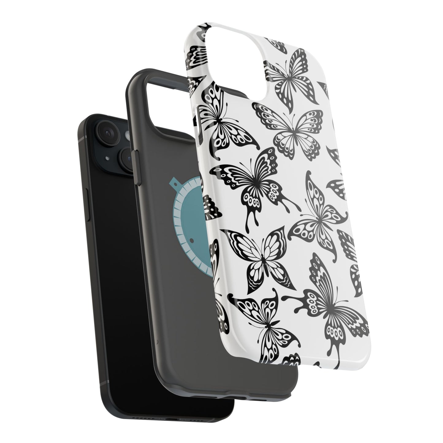 Monochrome Butterfly Pattern Tough MagSafe Case – Dual-Layer Protection with Matte Finish