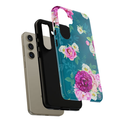 Elegant Peony Bouquet Samsung Galaxy Case – Deep Teal Background with Romantic Floral Design