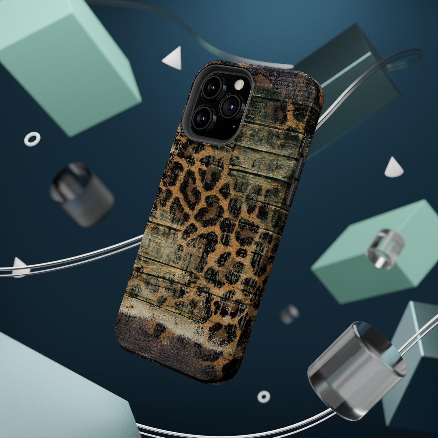 Rustic Wood and Leopard Print Tough MagSafe iPhone Case – Distressed Western Design with Dual-Layer Protection