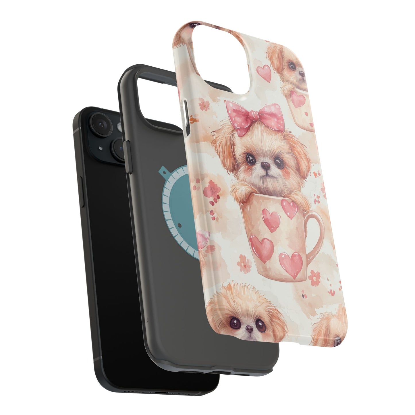 Adorable Puppy in Teacup MagSafe iPhone Case – Tough, Dual-Layer Protection with Cute Pink Bow Design