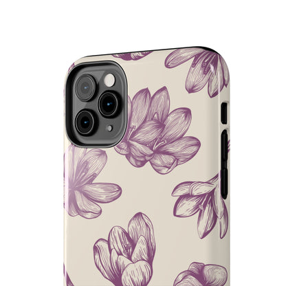 Vintage Botanical Floral Tough iPhone Case – Hand - Drawn Purple Flowers, Shockproof Design - BOGO Cases