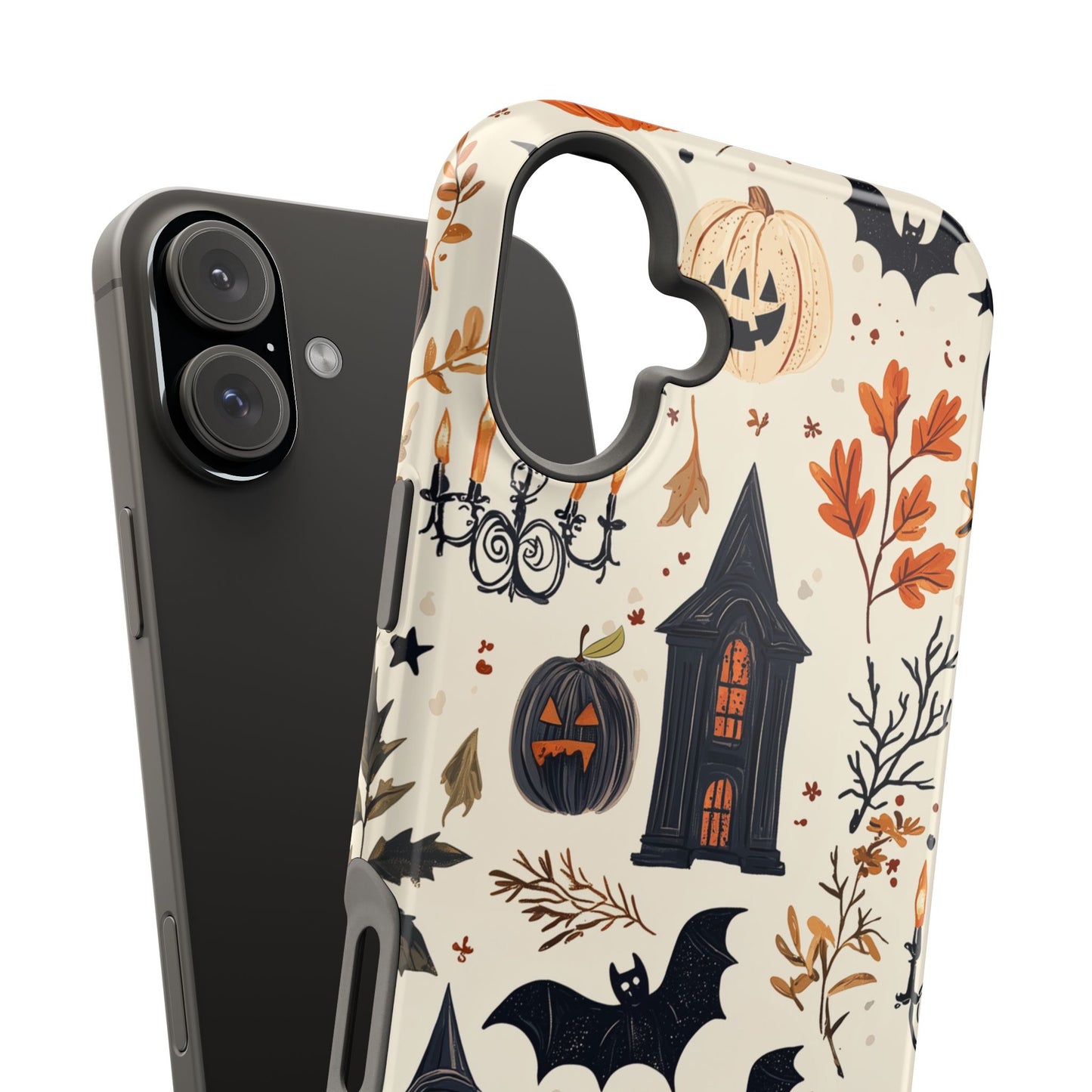 Haunted Halloween MagSafe iPhone Case – Haunted House, Bats, and Pumpkins Design