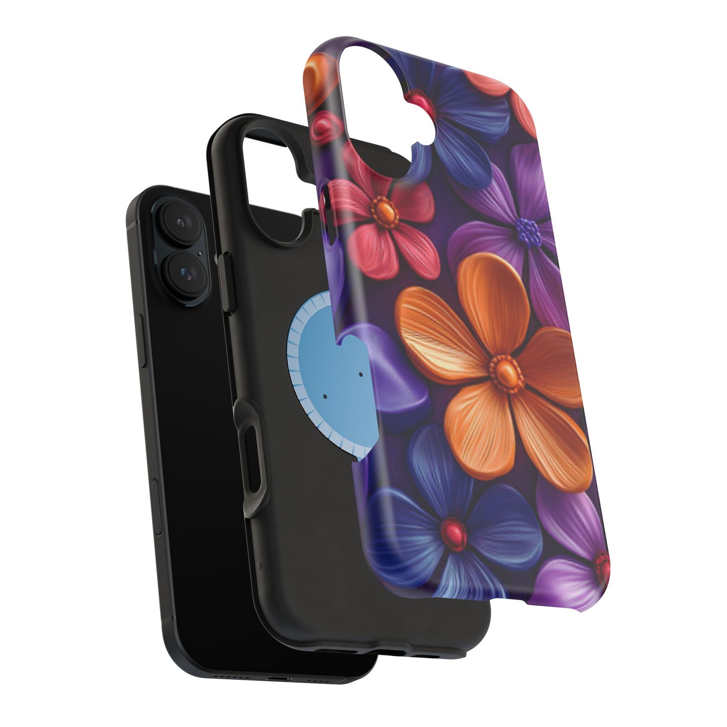 Bold Floral 3D MagSafe iPhone Case – Vivid Purple and Orange Flower Design, Shock-Resistant